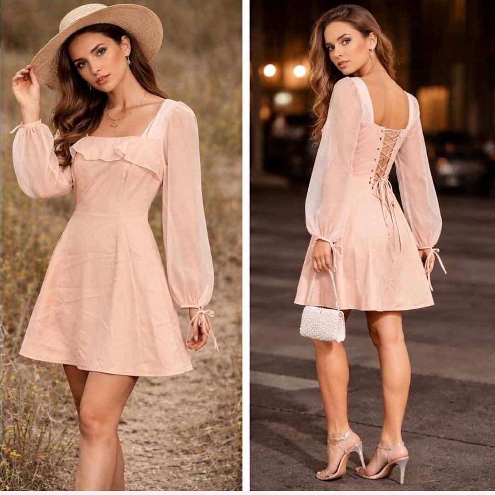 Pink Cream Sheer Sleeve Corset Mini Dress Sz S Fairycore Coquette Romantic ALine